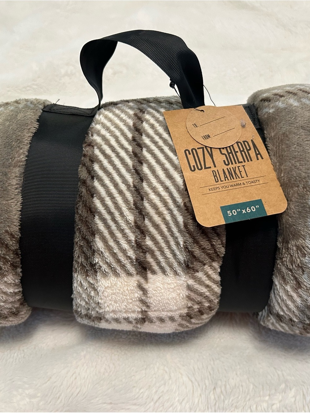 Cozy Sherpa Blanket - Plaid Taupe Gray